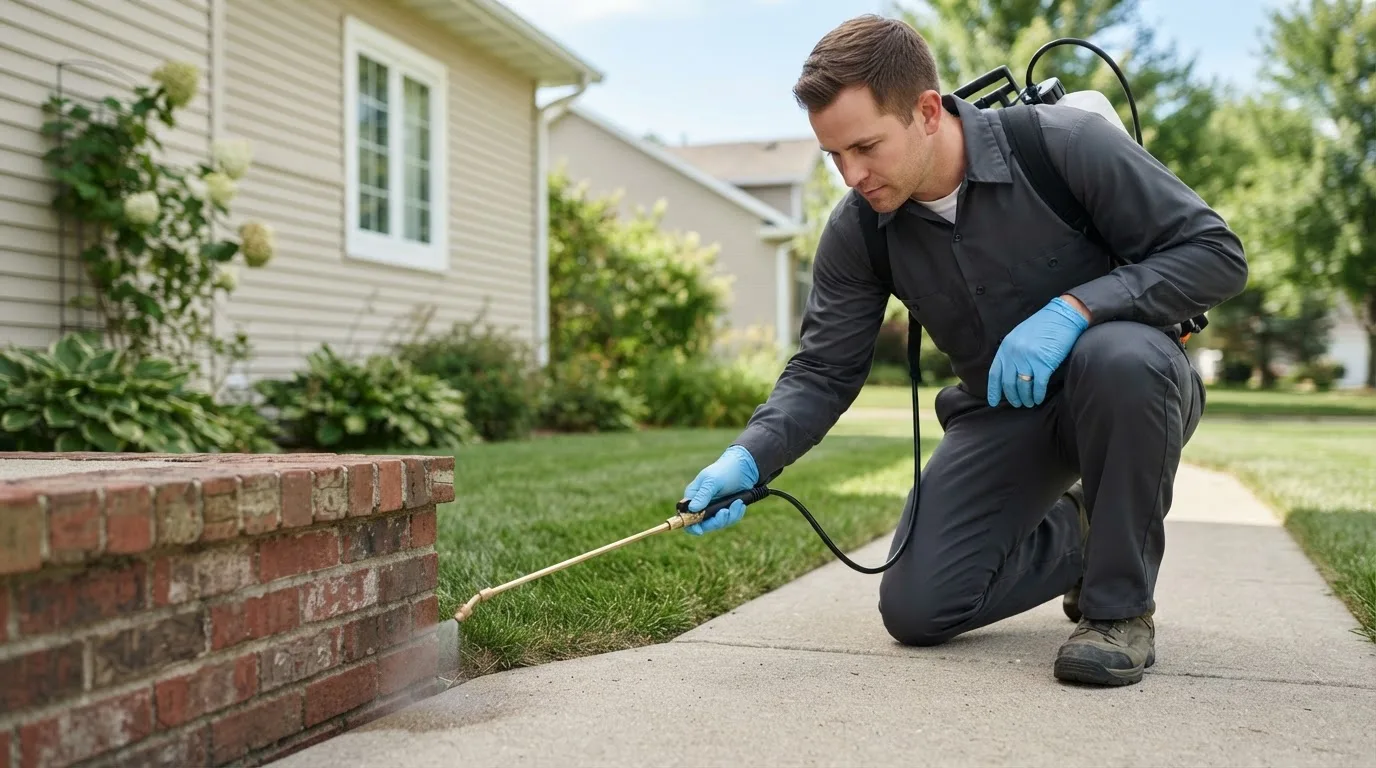 Pest control technician treating a home near Syracuse, NY